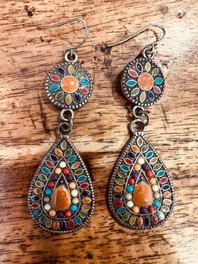 Boho Teardrop Dangle Earrings With Multicolor Stones & Hook Closure